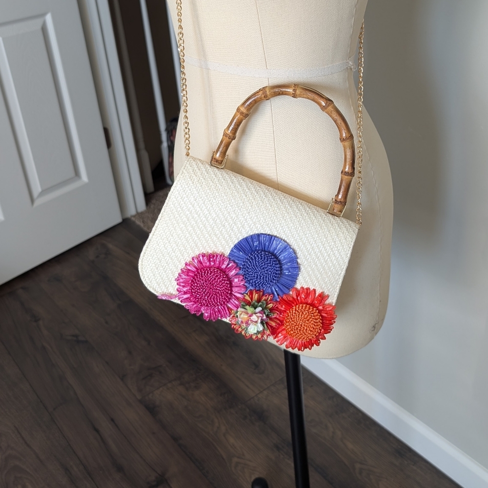 Haute Hippie White Woven Top-Handle Bag with Pink, Blue & Red Floral Appliqués - Picture 2 of 11